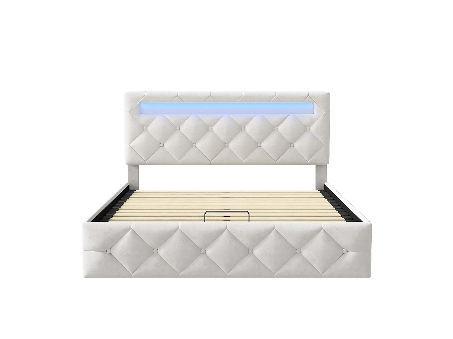 Lit Coffre 140x200 cm avec Éclairage LED - LIT double avec Tête de lit rembourré Réglable - lit avec Rangement et Sommier à Lattes - Velours Beige