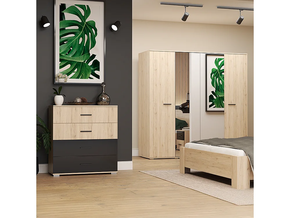 Commode BARI 4S 90 cm, San Remo Sable + Noir Semi-brillant