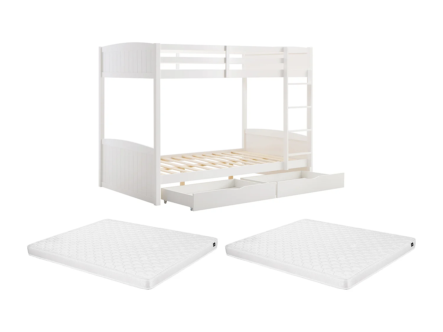 Lits superposés 2 x 120 x 200 cm - 2 tiroirs - Pin et MDF - Blanc + Matelas - LIMODARA