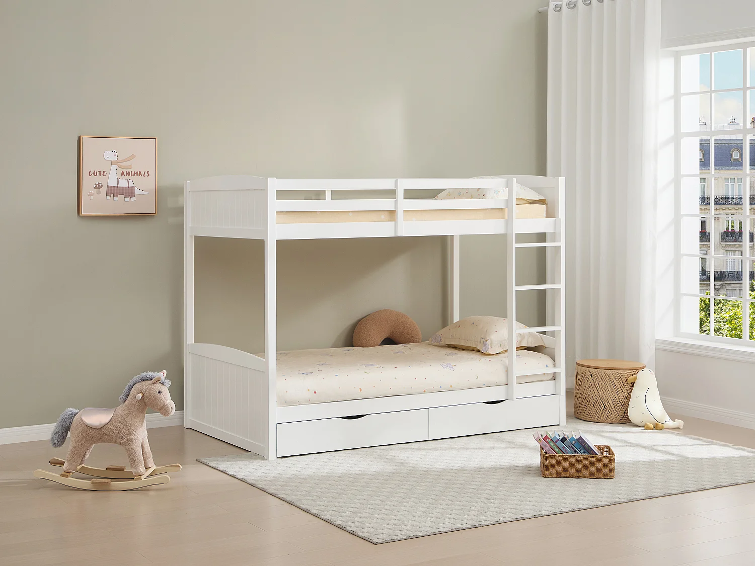 Lits superposés 2 x 120 x 200 cm - 2 tiroirs - Pin et MDF - Blanc + Matelas - LIMODARA