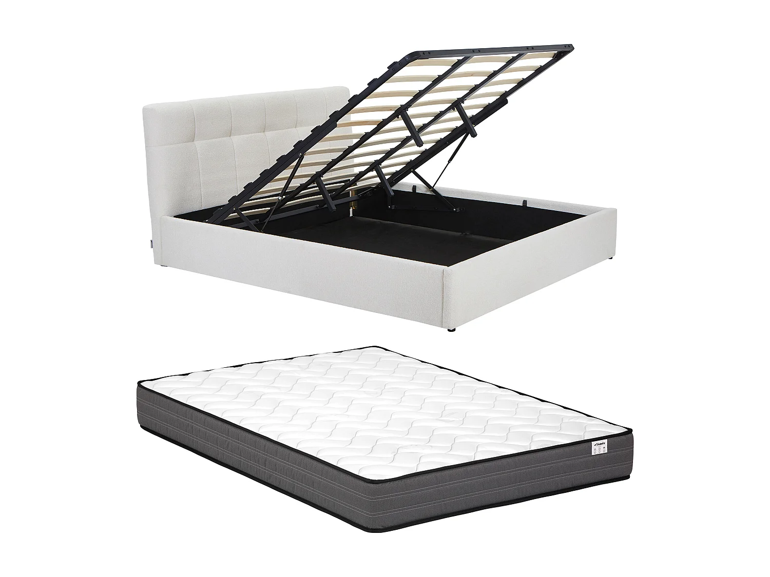 Lit coffre 200 x 200 cm - Tissu bouclette - Blanc + Matelas - MAZIRI