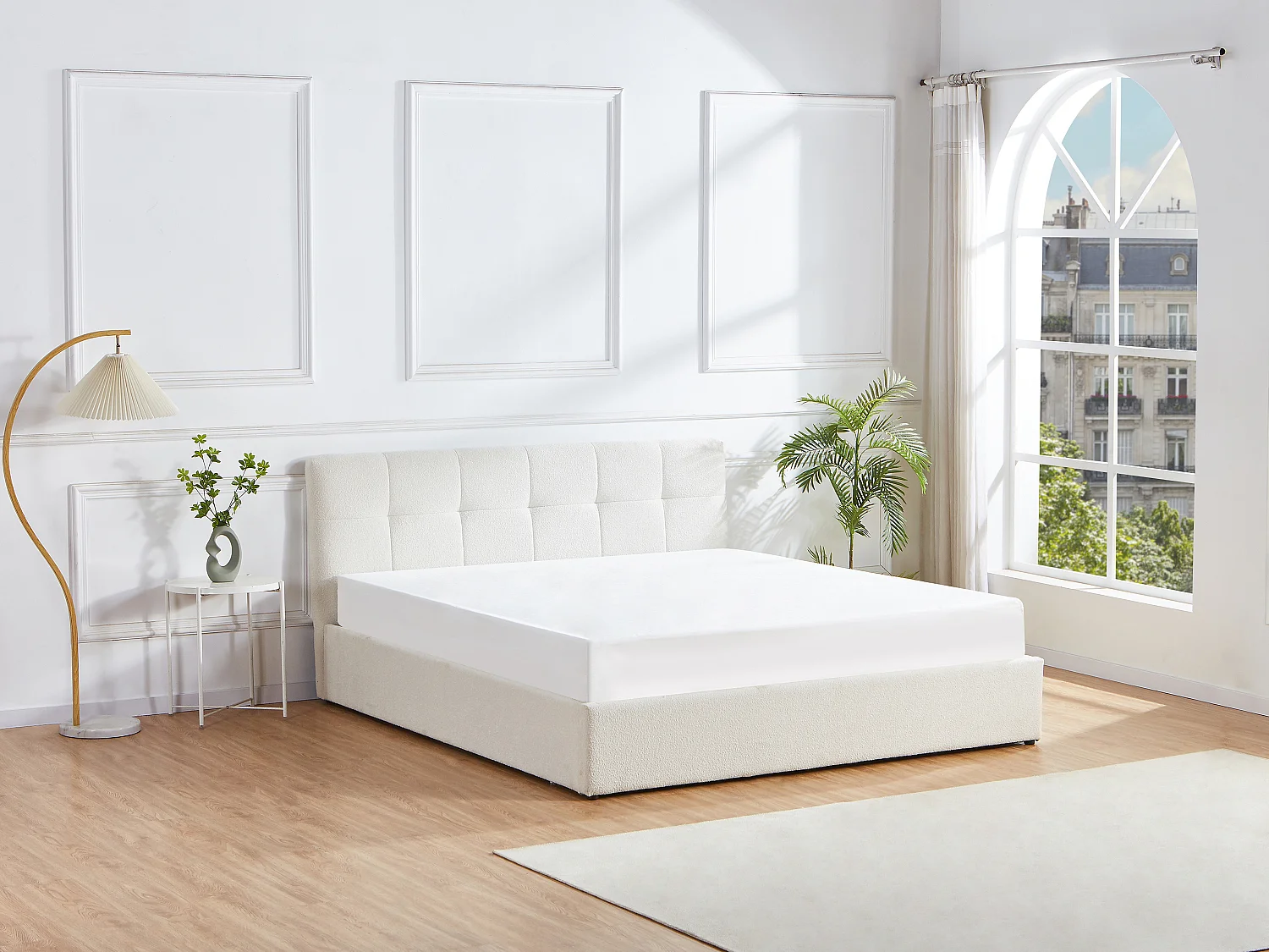 Lit coffre 200 x 200 cm - Tissu bouclette - Blanc + Matelas - MAZIRI