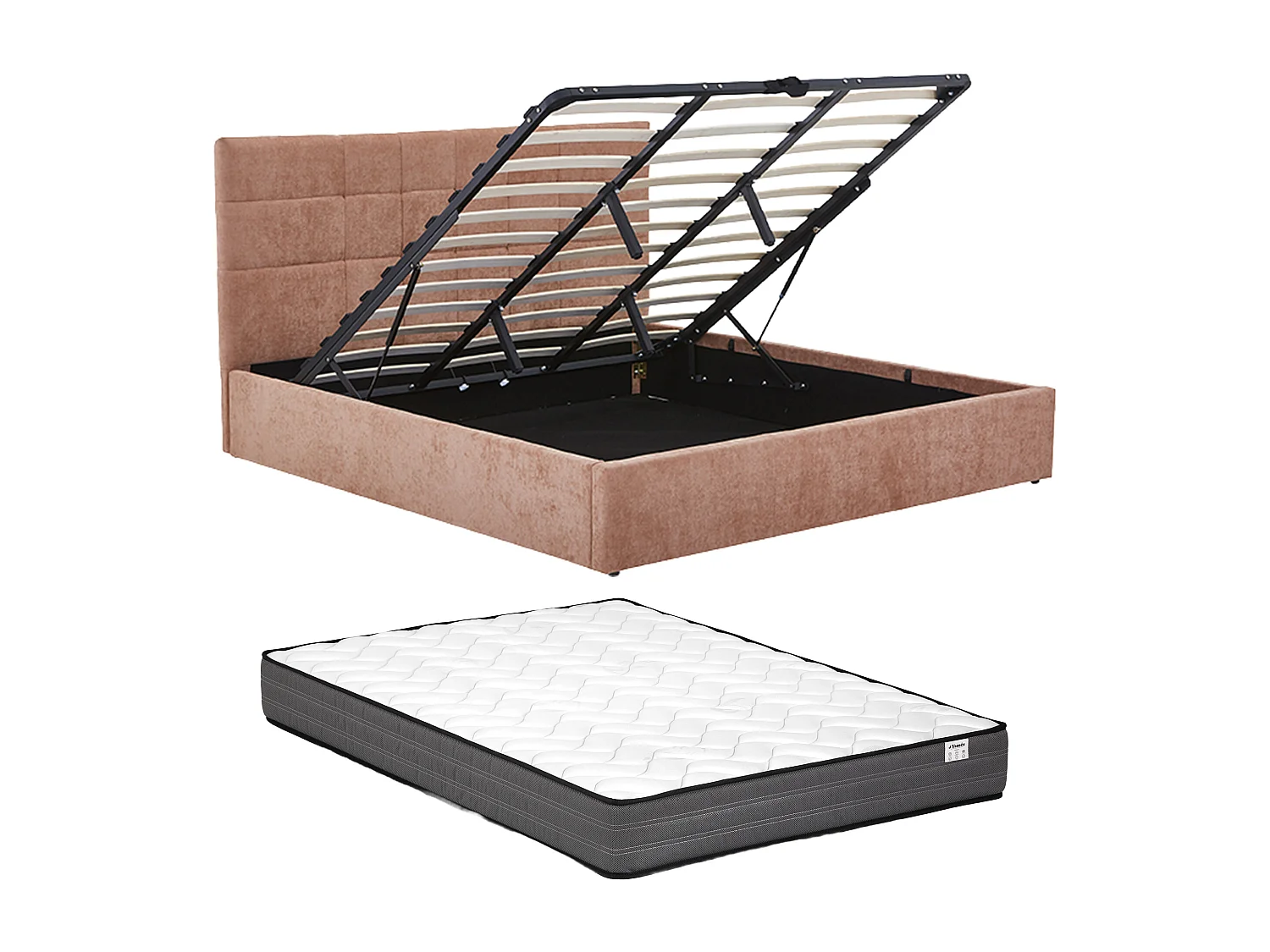 Lit coffre 140 × 190 cm – Tissu – Terracotta + Matelas – HOPEYA