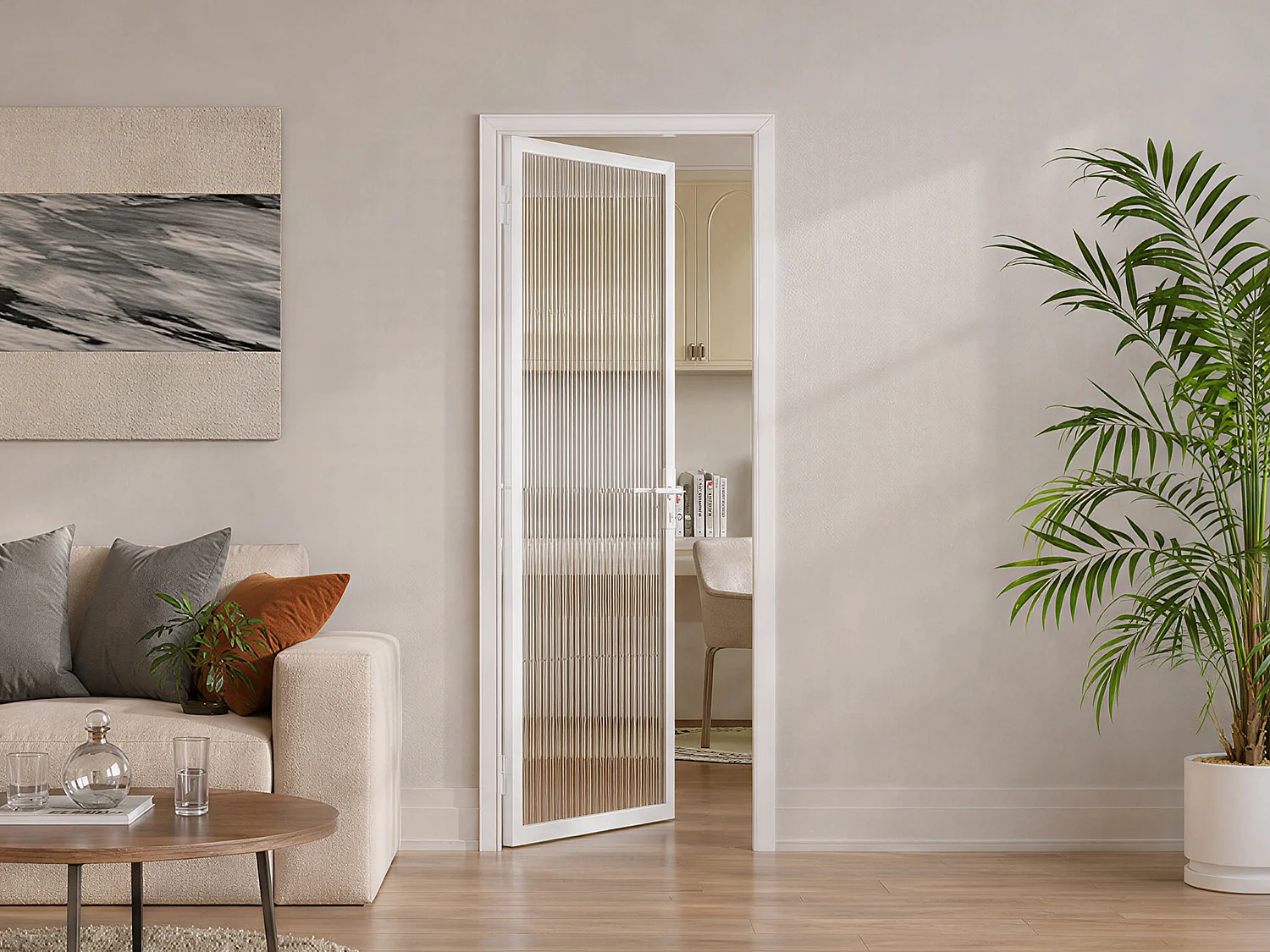 Bloc porte réversible en aluminium et verre trempé texturé - H204 x L73 cm - Blanc - LOXTON