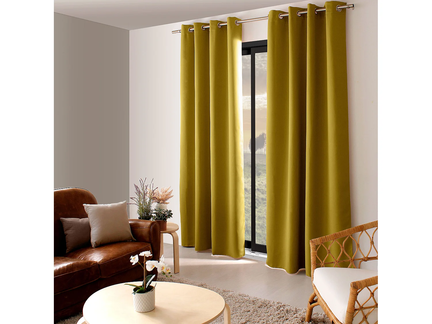 Lot de 2 Rideaux Occultant avec Œillets, 140x240cm, 100% polyester, Collection Réglisse, CMADECO - Jaune