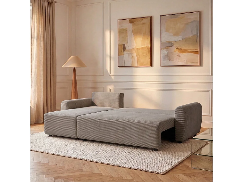 Canapé d'angle convertible 4 places réversible en velours côtelé taupe JUL