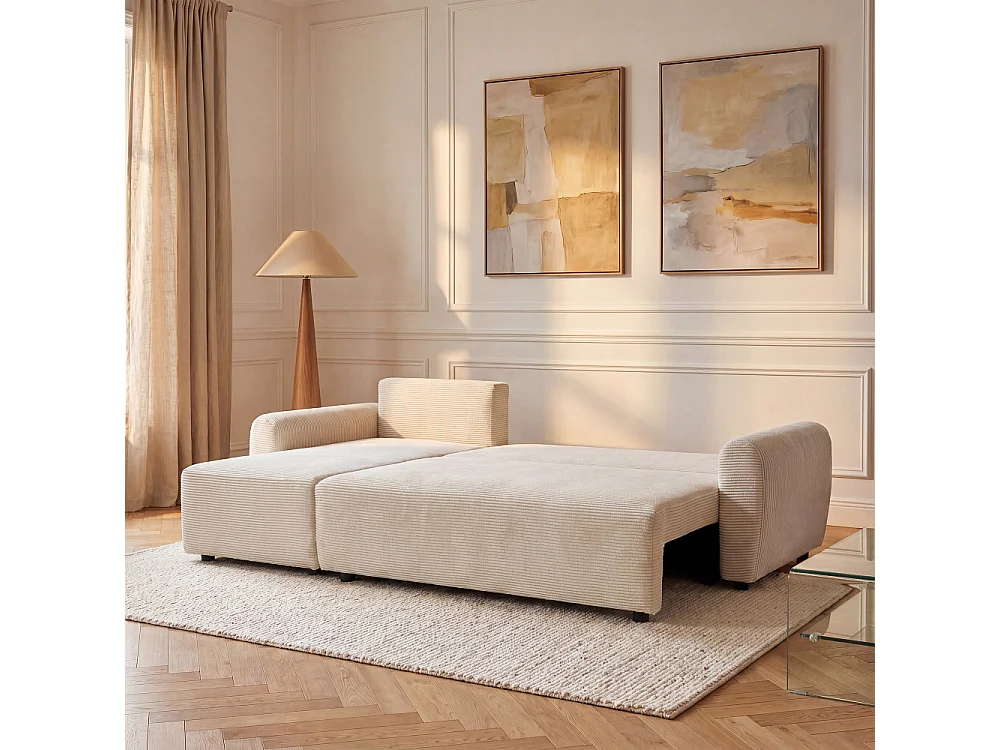 Jul - Canapé d'angle convertible réversible 4 places en velours côtelé - Beige