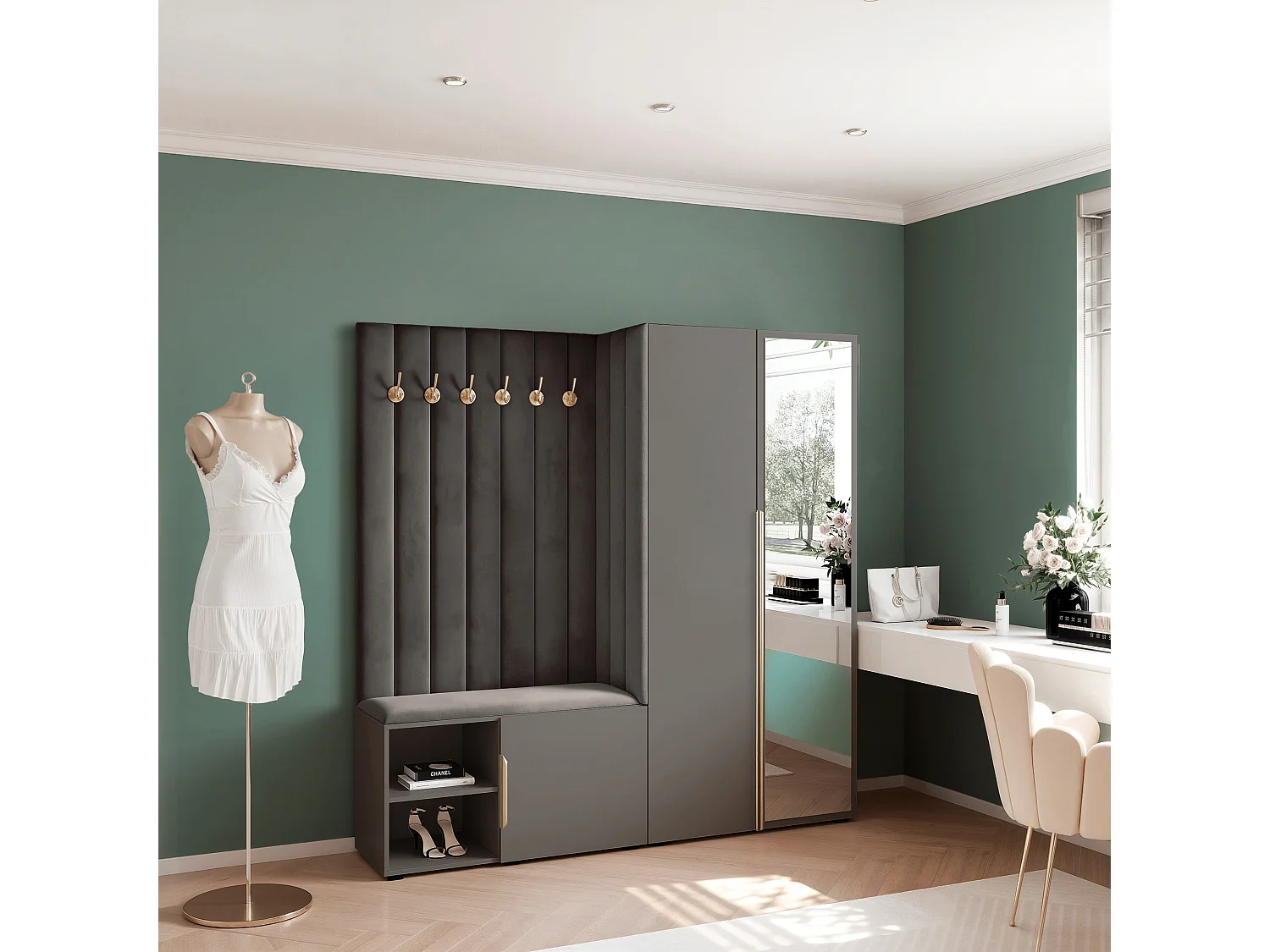 Garderobe Aria 190 cm Grau Gepolstert Anthrazit Soft-Close Griffe Gold