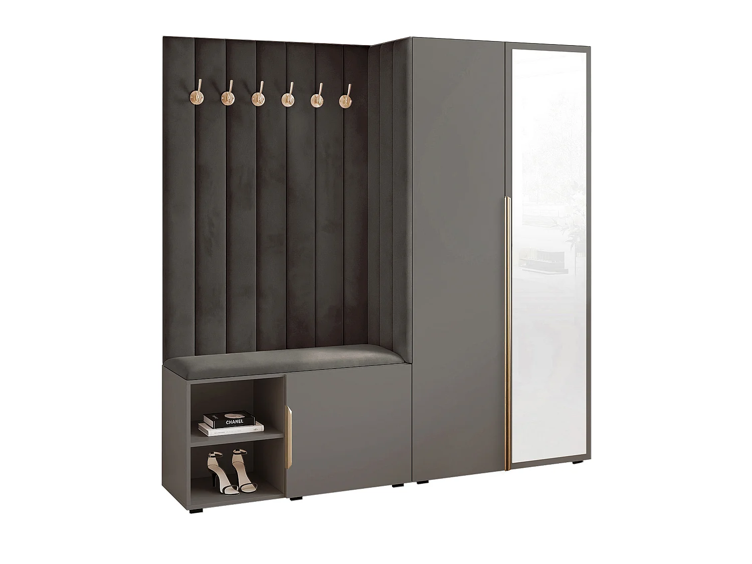 Garderobe Aria 190 cm Grau Gepolstert Anthrazit Soft-Close Griffe Gold