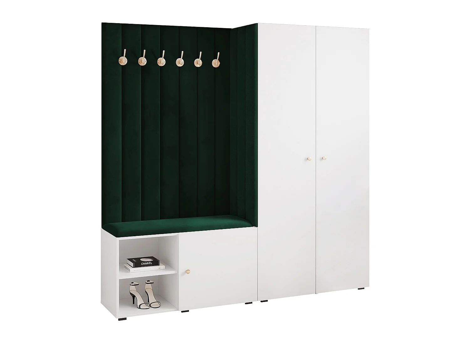 Garderobe Aria 190 cm Weiß Gepolstert Dunkelgrün Soft-Close Griffe Gold
