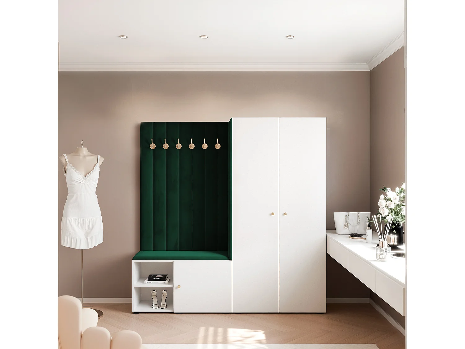 Garderobe Aria 190 cm Weiß Gepolstert Dunkelgrün Soft-Close Griffe Gold