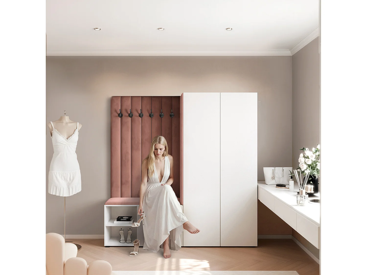 Garderobe Aria 190 cm Weiß Gepolstert Rost Soft-Close Push-to-Open