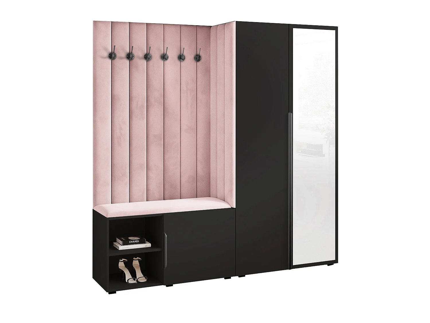 Garderobe Aria 190 cm Schwarz Gepolstert Rosa Soft-Close Griffe Schwarz