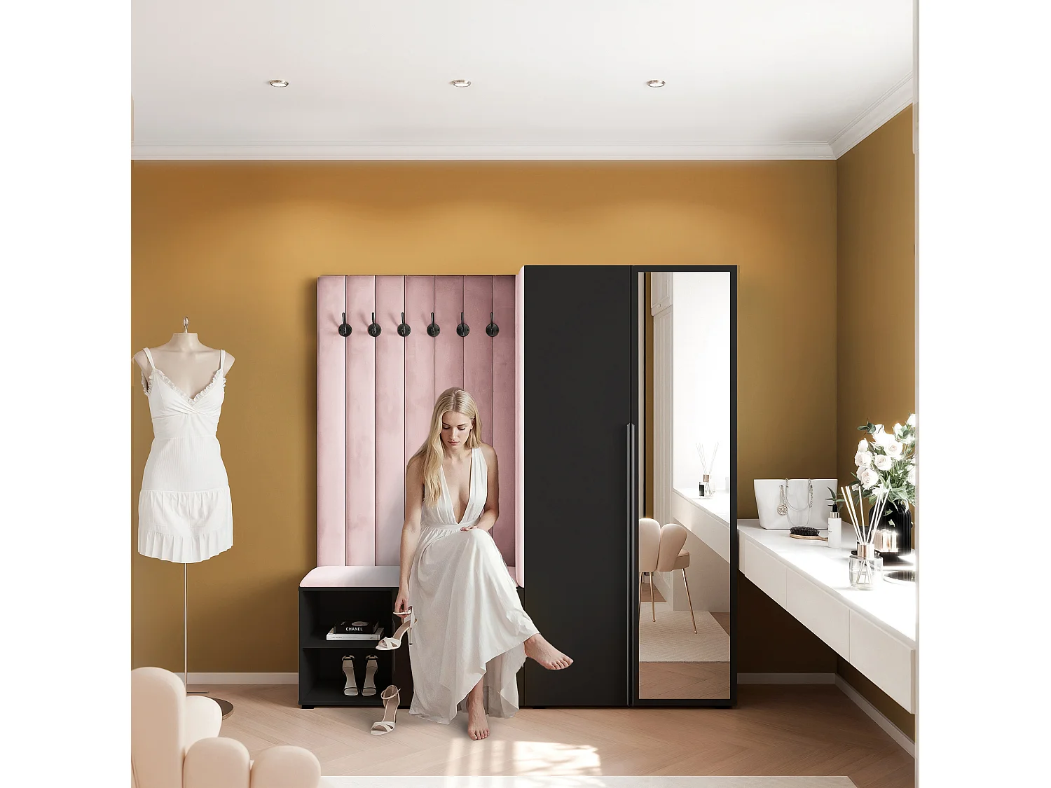 Garderobe Aria 190 cm Schwarz Gepolstert Rosa Soft-Close Griffe Schwarz