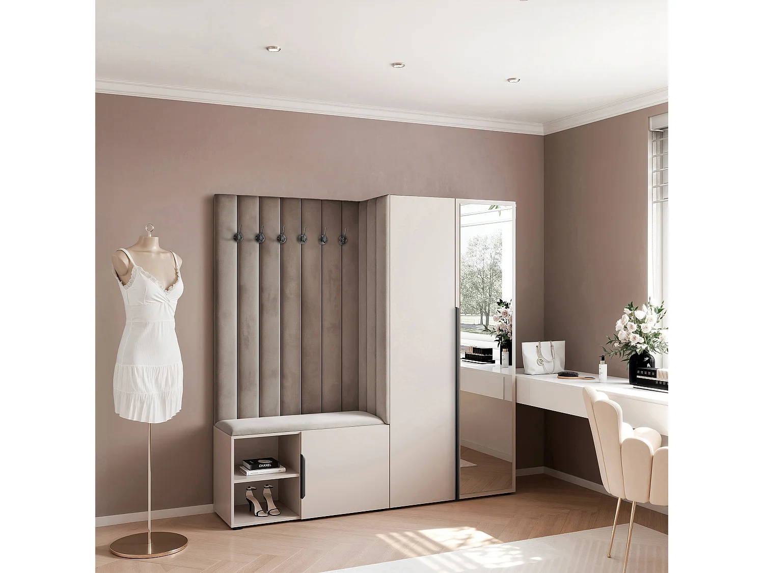 Garderobe Aria 190 cm Kaschmir Gepolstert Mausgrau Soft-Close Griffe Schwarz