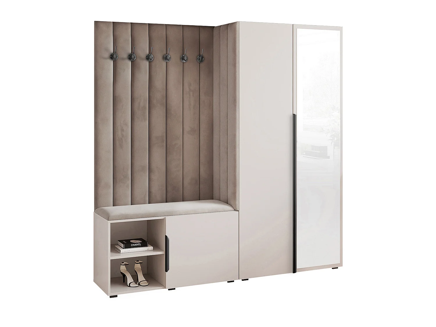 Garderobe Aria 190 cm Kaschmir Gepolstert Mausgrau Soft-Close Griffe Schwarz