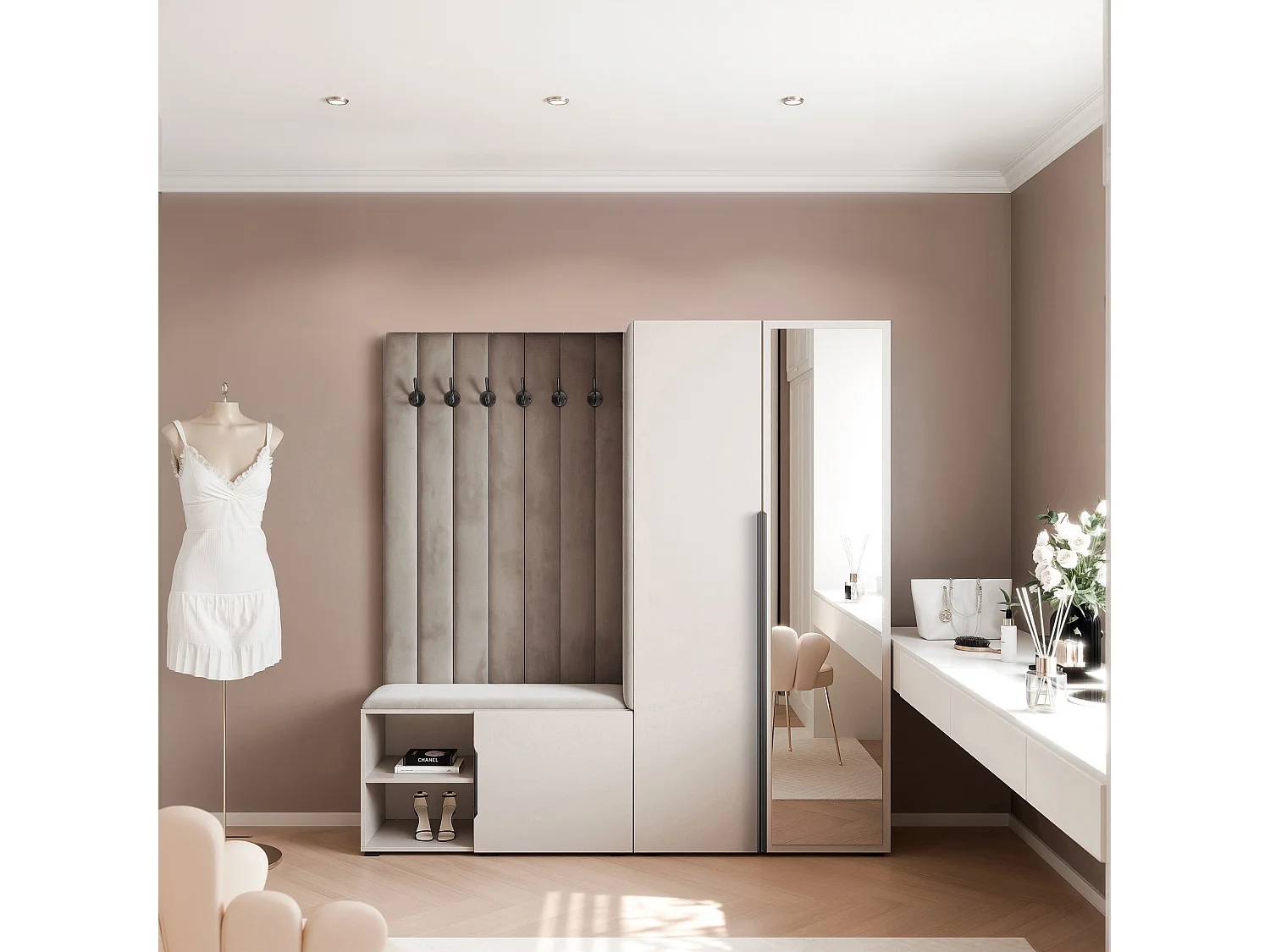 Garderobe Aria 190 cm Kaschmir Gepolstert Mausgrau Soft-Close Griffe Schwarz