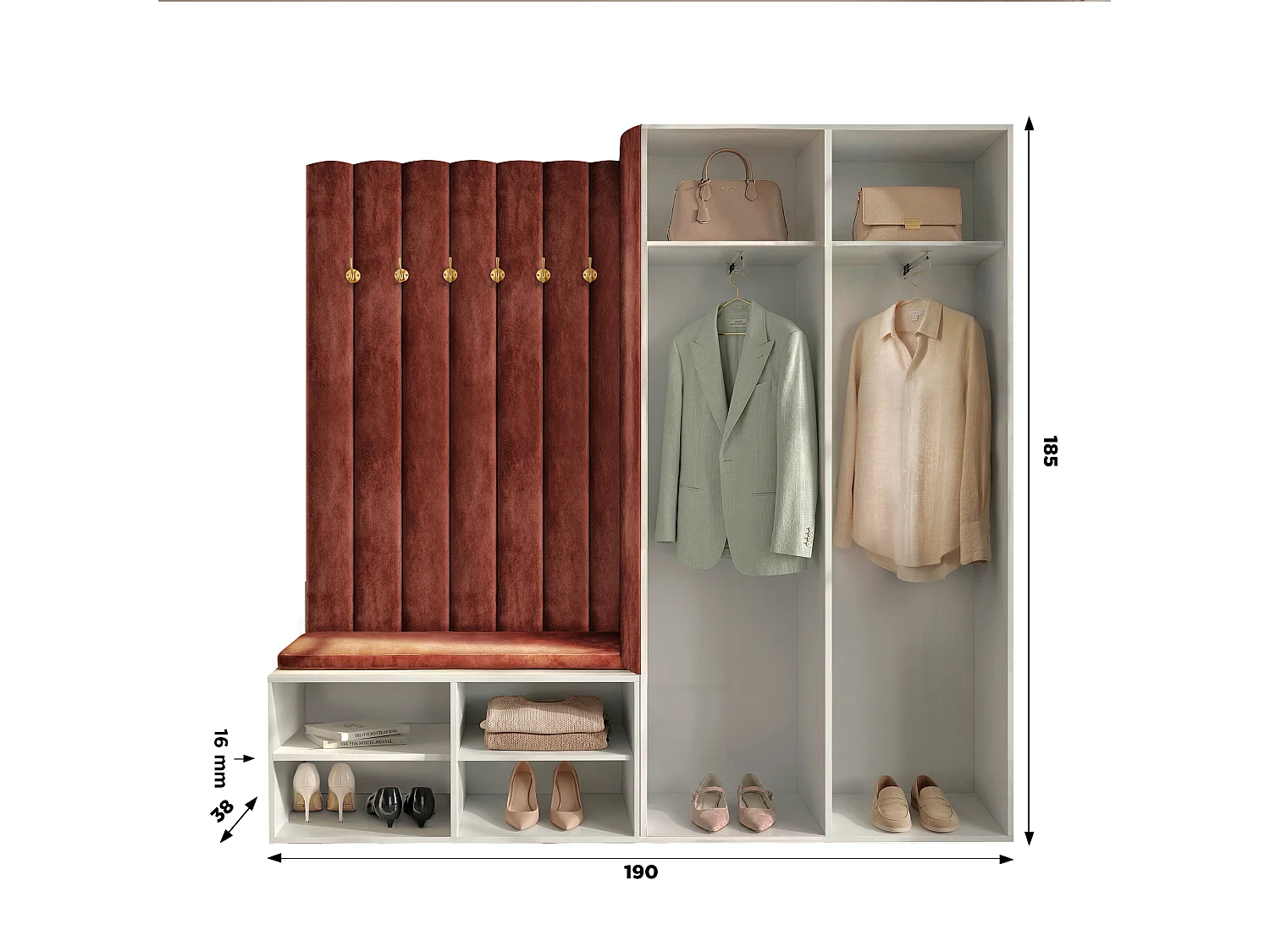 Garderobe Aria 190 cm Kaschmir Gepolstert Mausgrau Soft-Close Griffe Schwarz