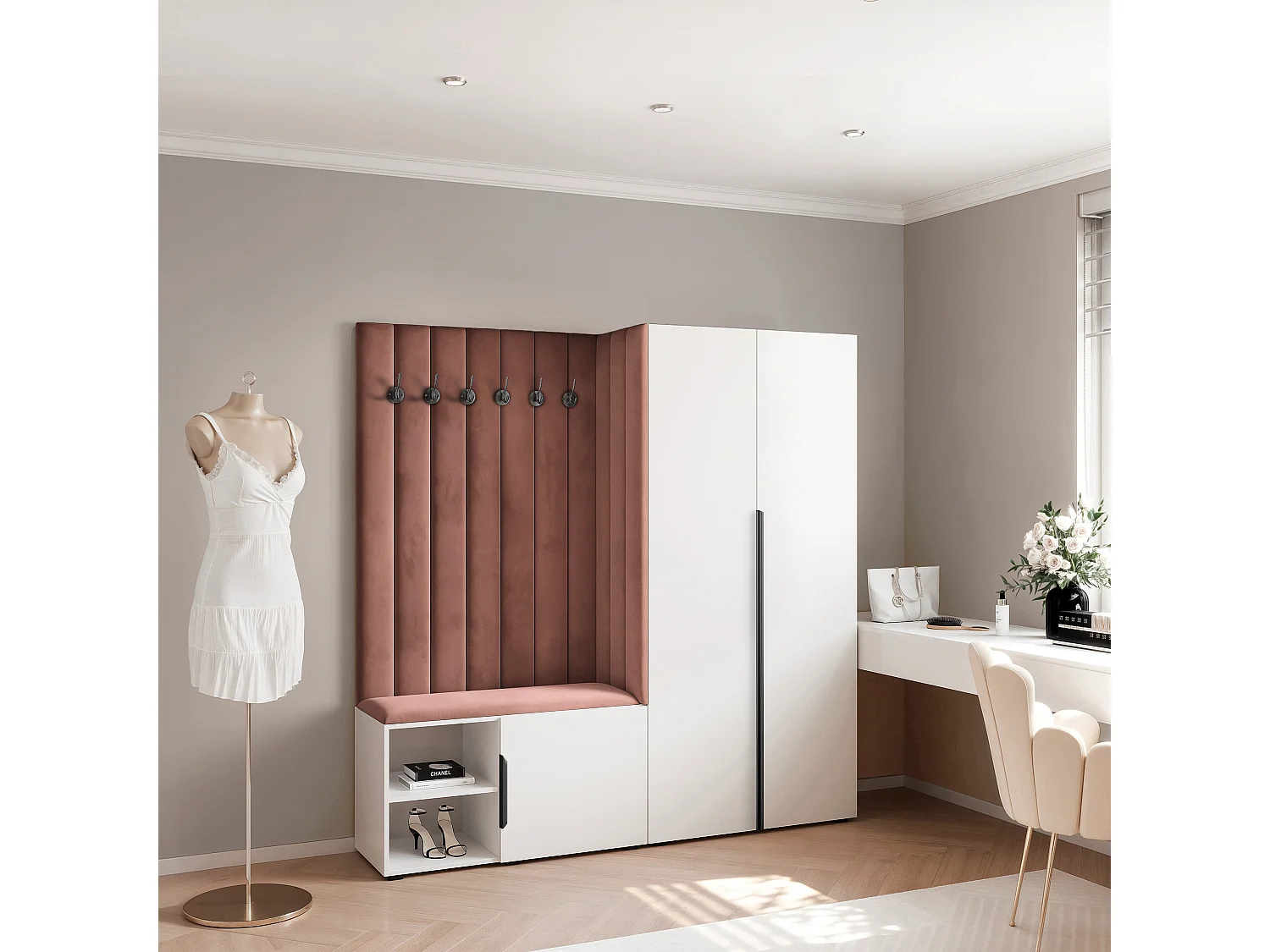Garderobe Aria 190 cm Weiß Gepolstert Rost Soft-Close Griffe Schwarz