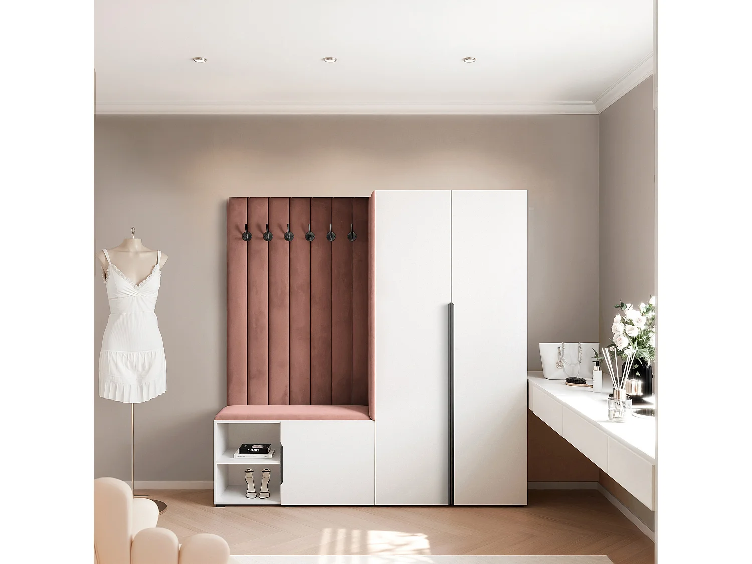 Garderobe Aria 190 cm Weiß Gepolstert Rost Soft-Close Griffe Schwarz
