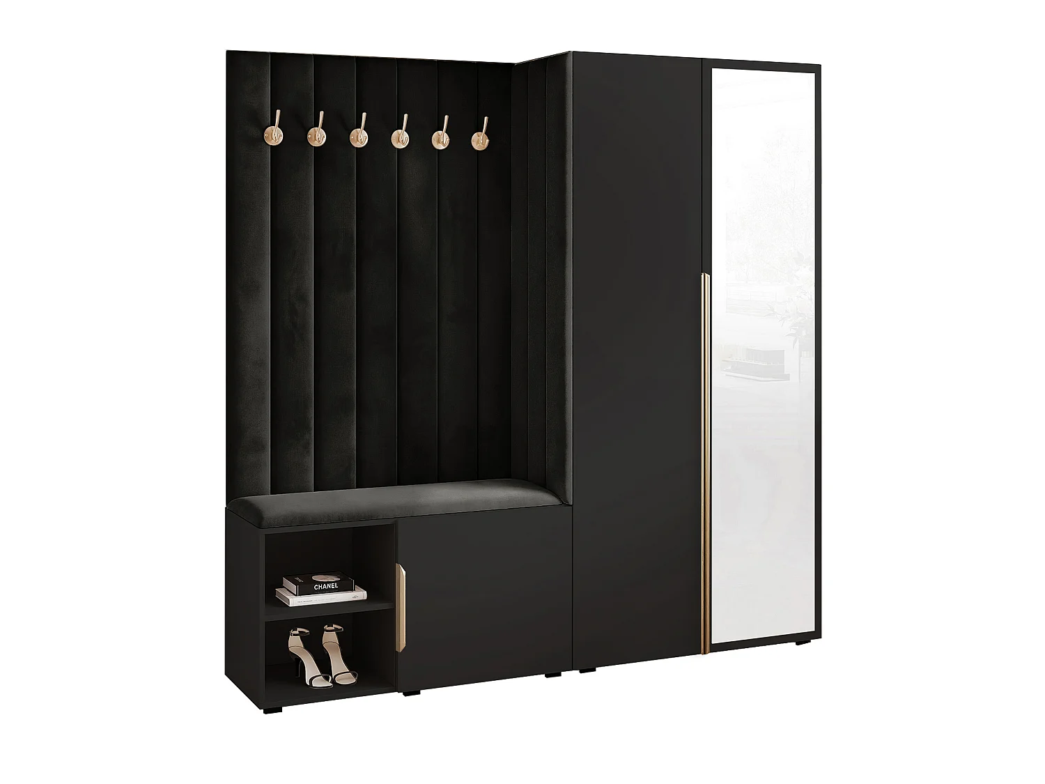 Garderobe Aria 190 cm Schwarz Gepolstert Schwarz Soft-Close Griffe Gold