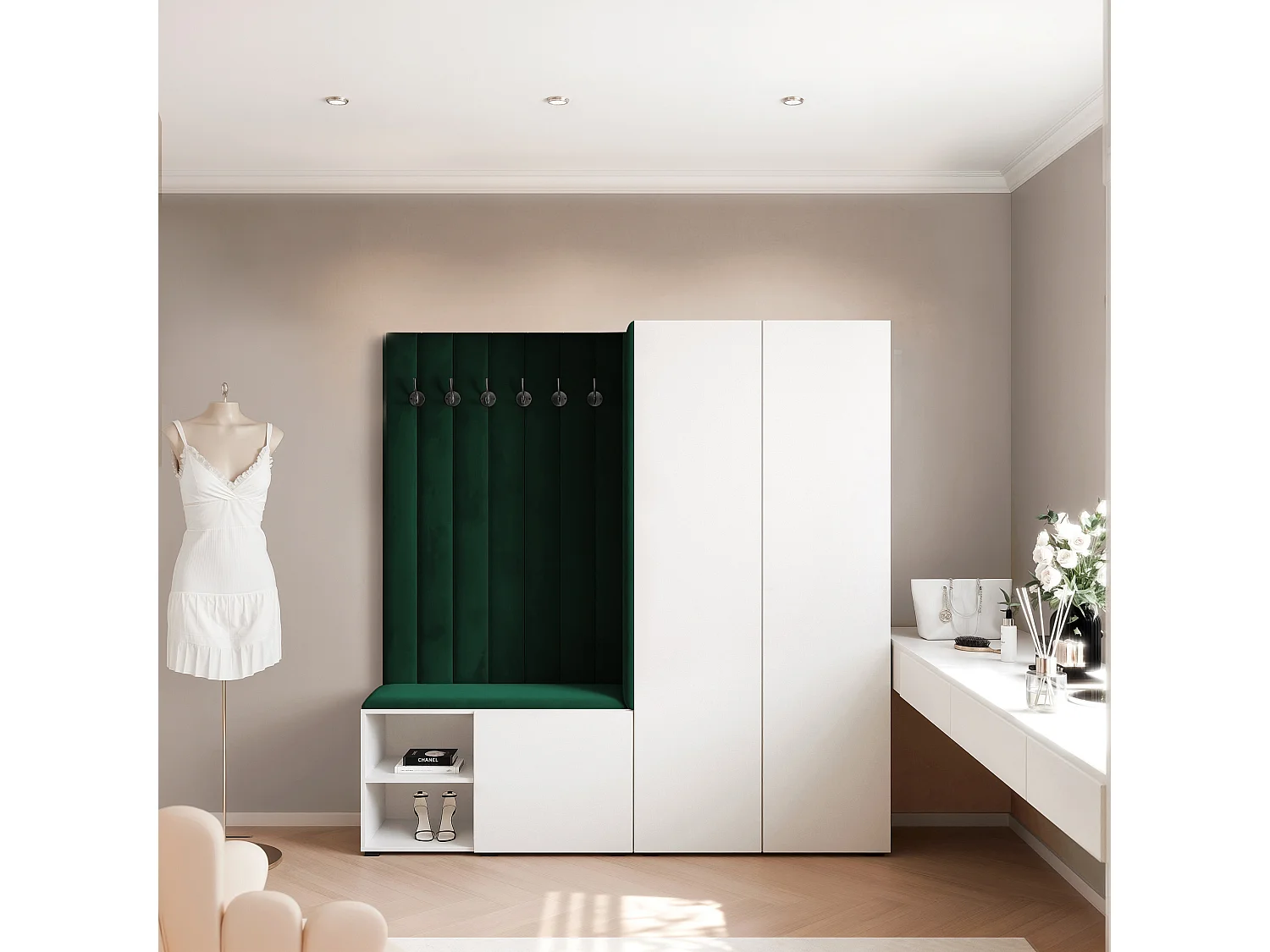 Garderobe Aria 190 cm Weiß Gepolstert Dunkelgrün Soft-Close Push-to-Open
