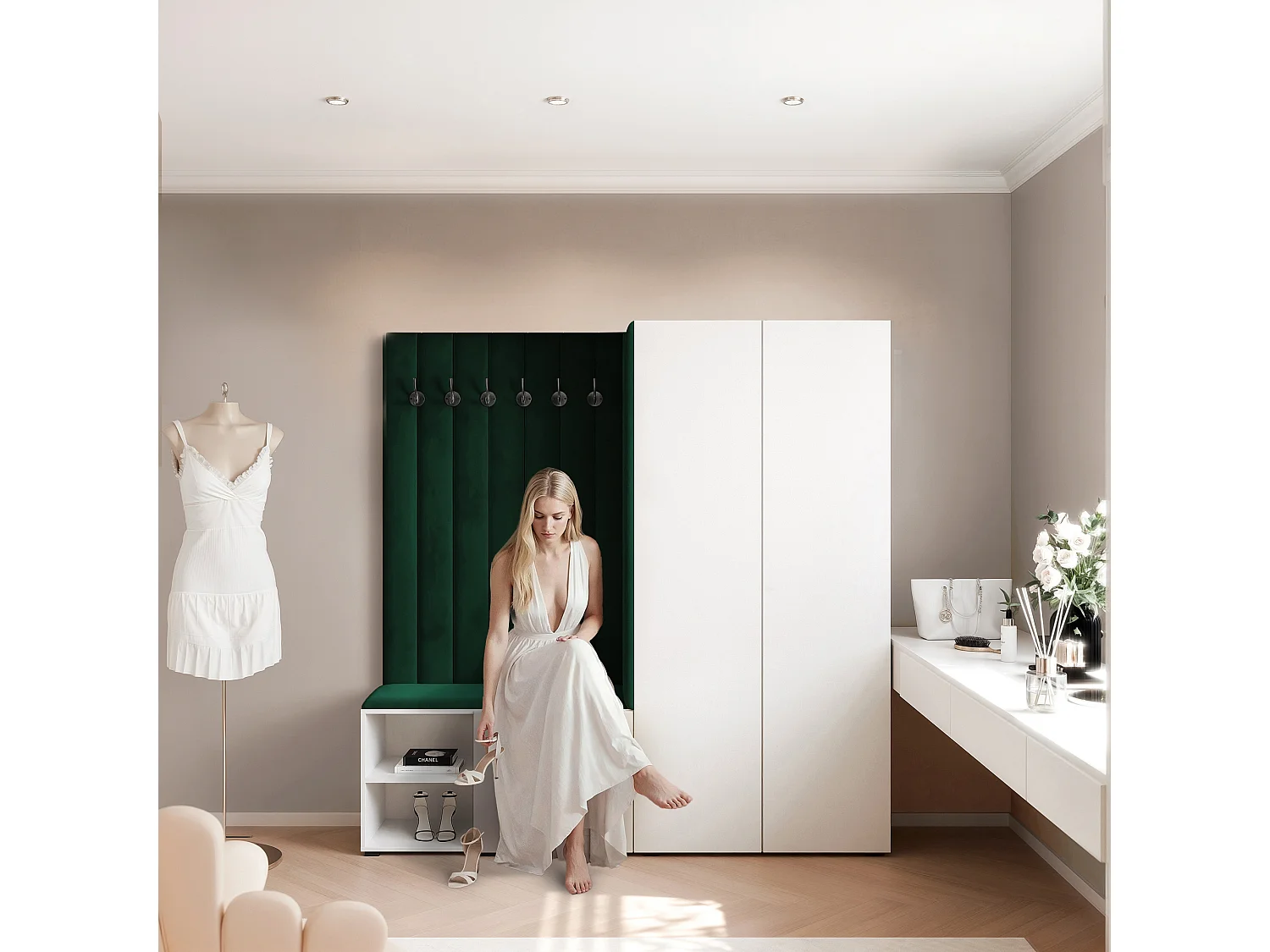 Garderobe Aria 190 cm Weiß Gepolstert Dunkelgrün Soft-Close Push-to-Open