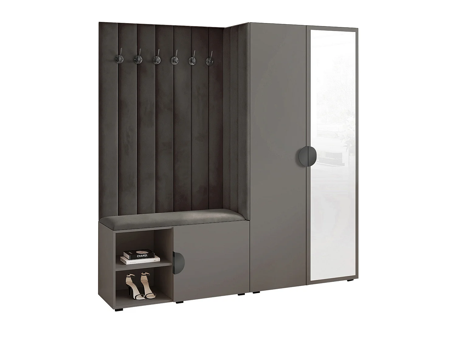 Garderobe Aria 190 cm Grau Gepolstert Anthrazit Soft-Close Griffe Schwarz
