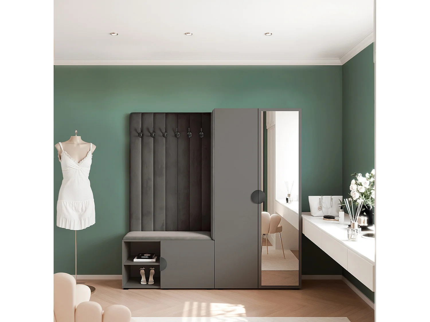 Garderobe Aria 190 cm Grau Gepolstert Anthrazit Soft-Close Griffe Schwarz