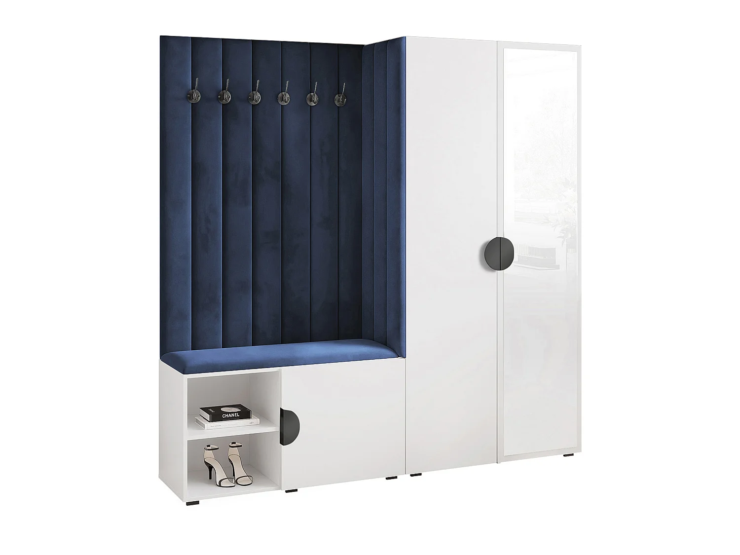 Garderobe Aria 190 cm Weiß Gepolstert Atlantikblau Soft-Close Griffe Schwarz