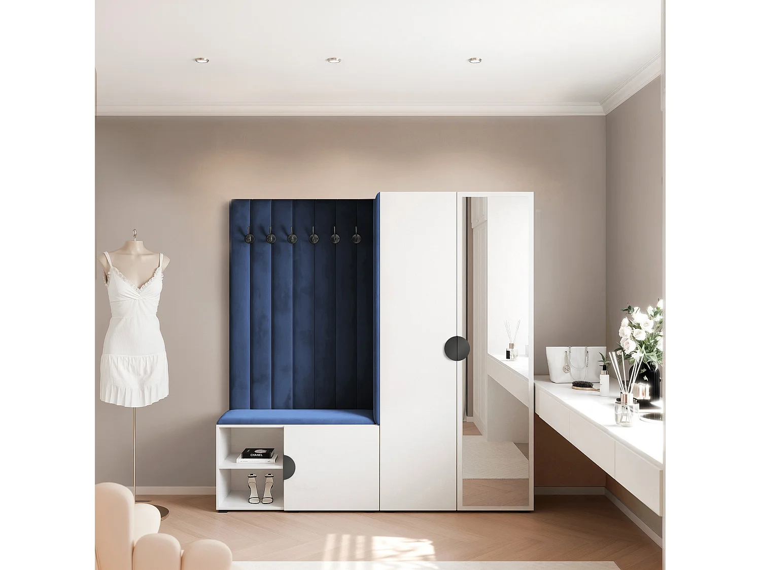 Garderobe Aria 190 cm Weiß Gepolstert Atlantikblau Soft-Close Griffe Schwarz