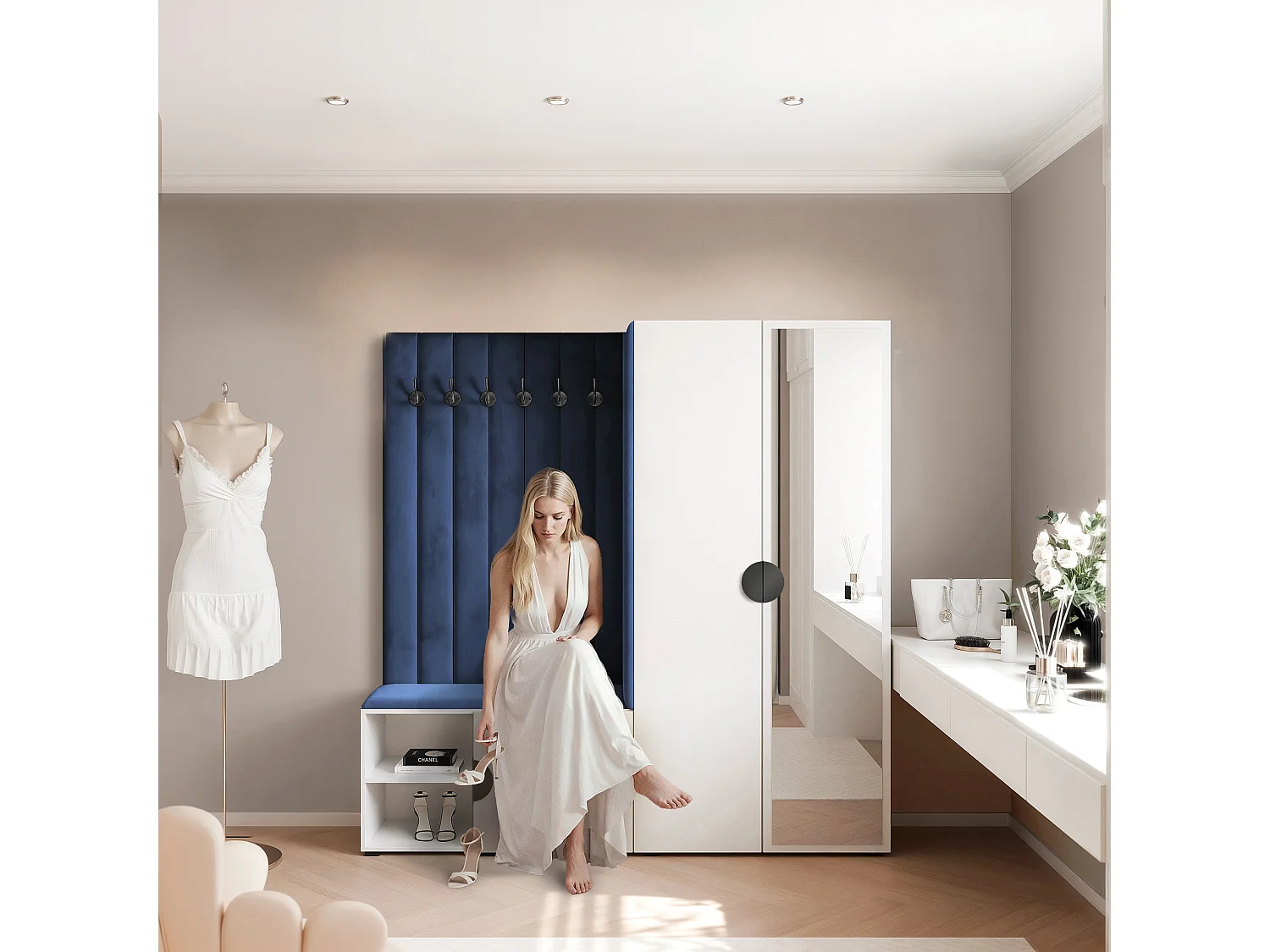 Garderobe Aria 190 cm Weiß Gepolstert Atlantikblau Soft-Close Griffe Schwarz