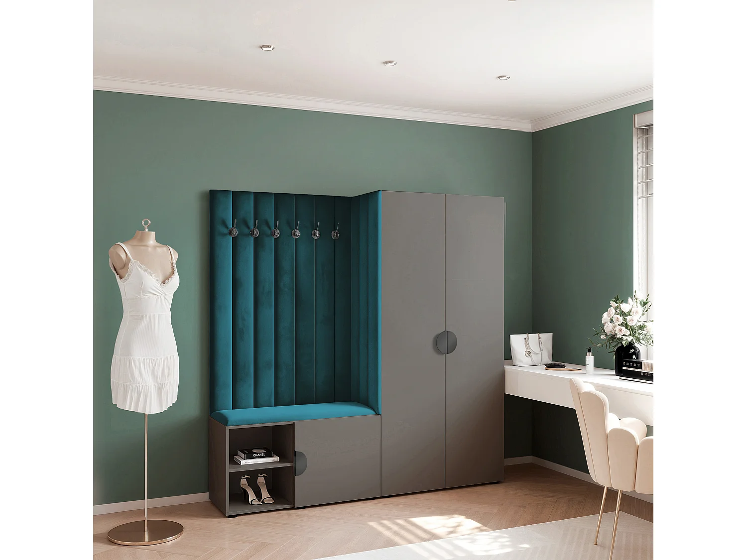 Garderobe Aria 190 cm Grau Gepolstert Marineblau Soft-Close Griffe Schwarz