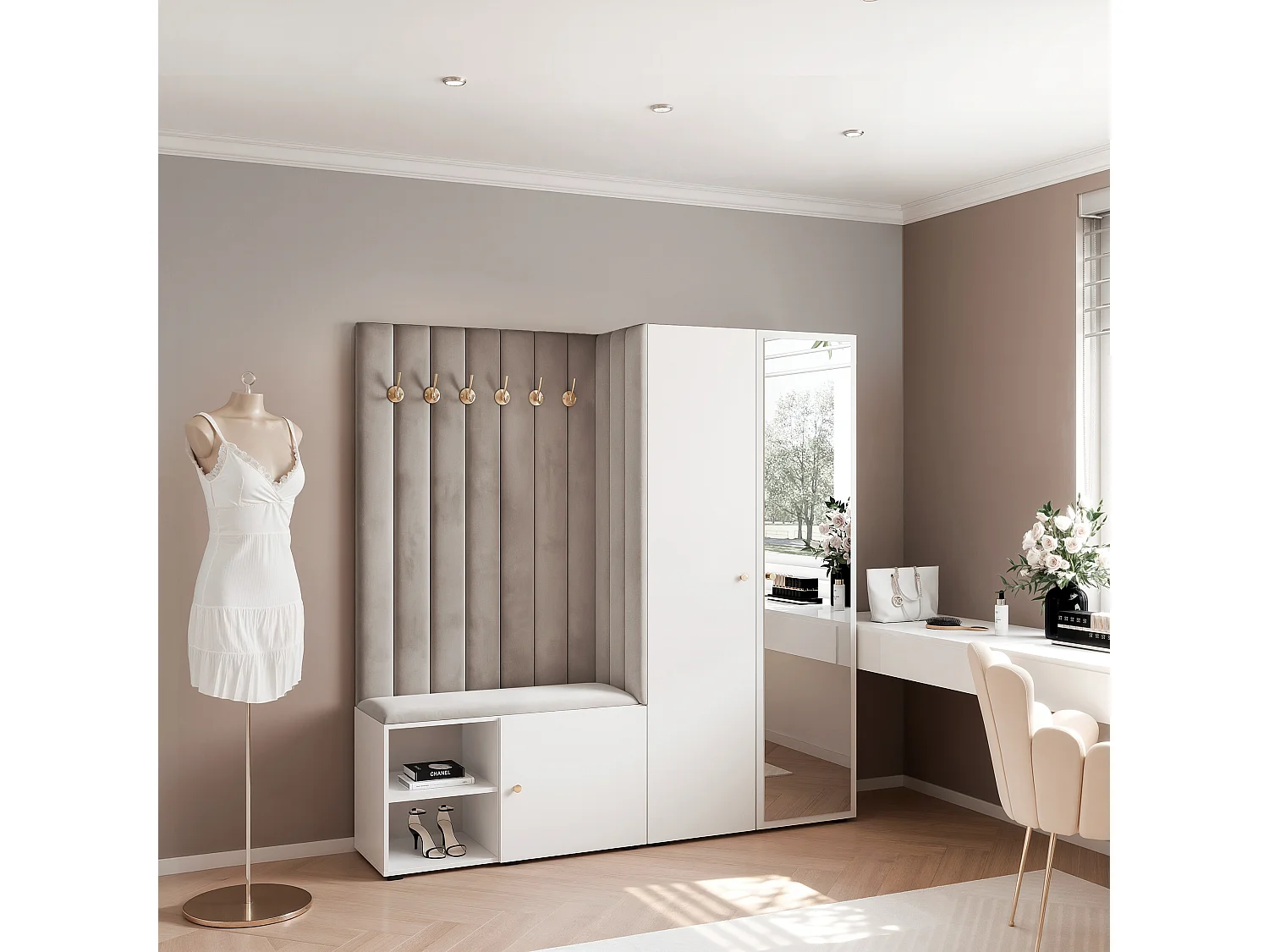 Garderobe Aria 190 cm Weiß Gepolstert Hellgrau Soft-Close Griffe Gold