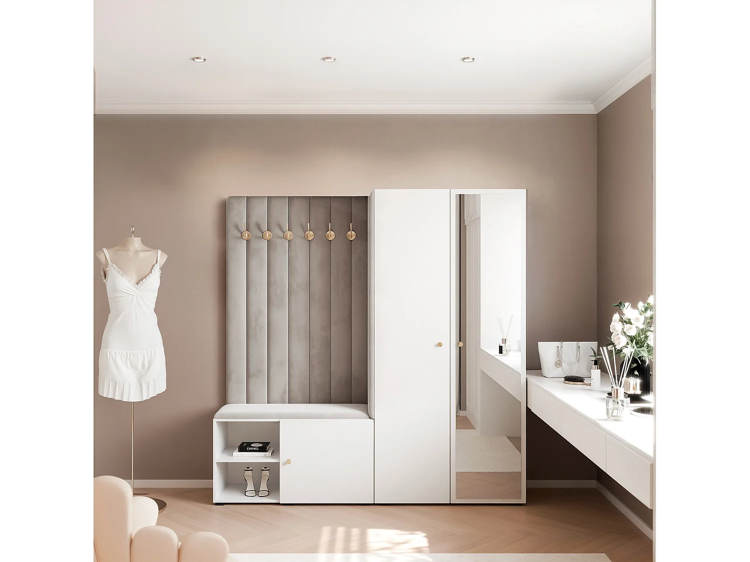 Garderobe Aria 190 cm Weiß Gepolstert Hellgrau Soft-Close Griffe Gold