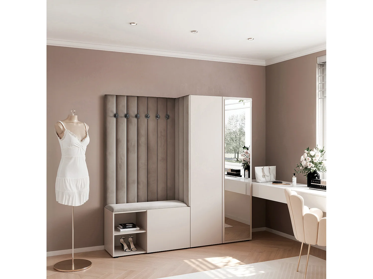 Garderobe Aria 190 cm Kaschmir Gepolstert Mausgrau Soft-Close Push-to-Open