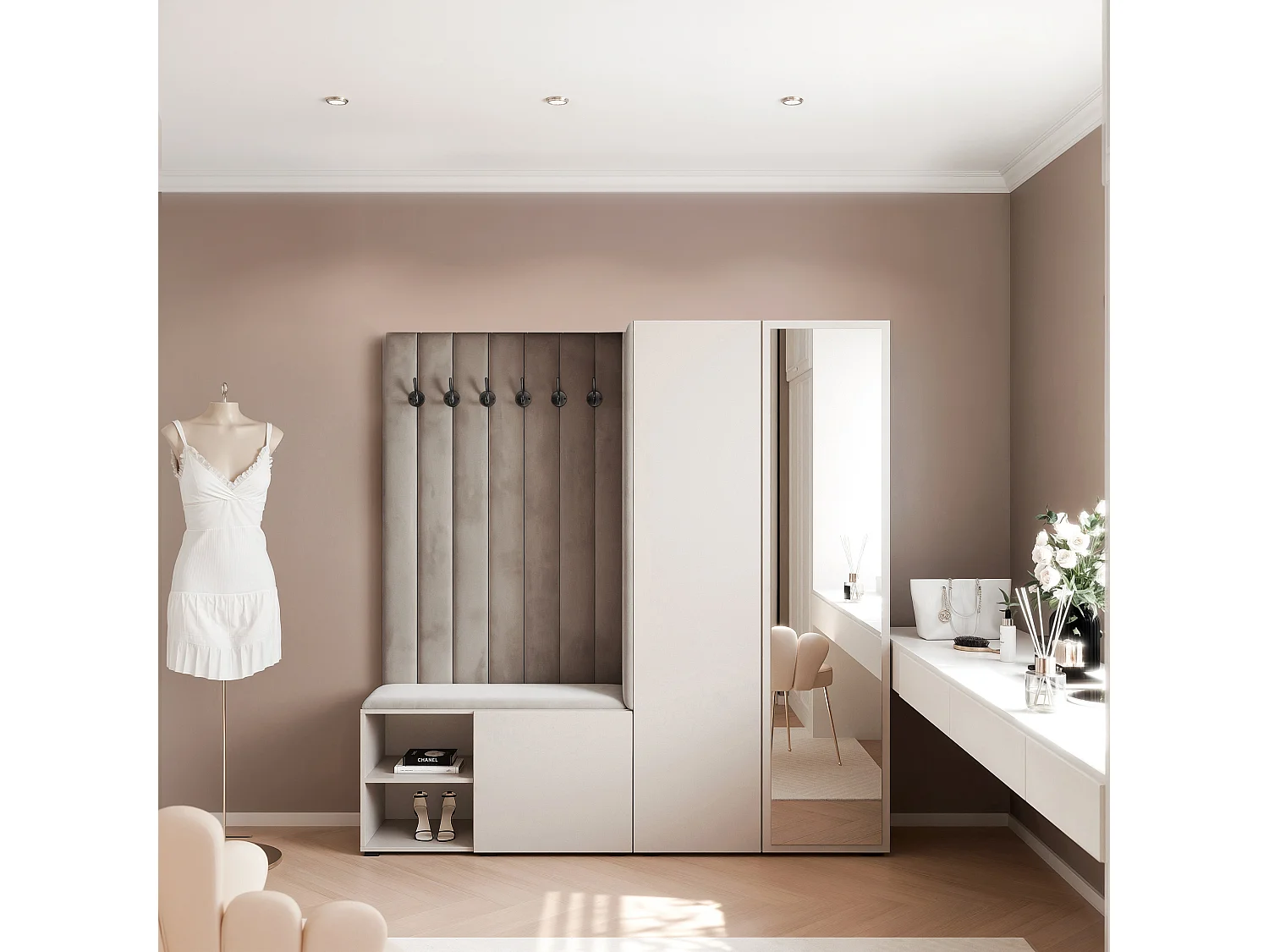 Garderobe Aria 190 cm Kaschmir Gepolstert Mausgrau Soft-Close Push-to-Open