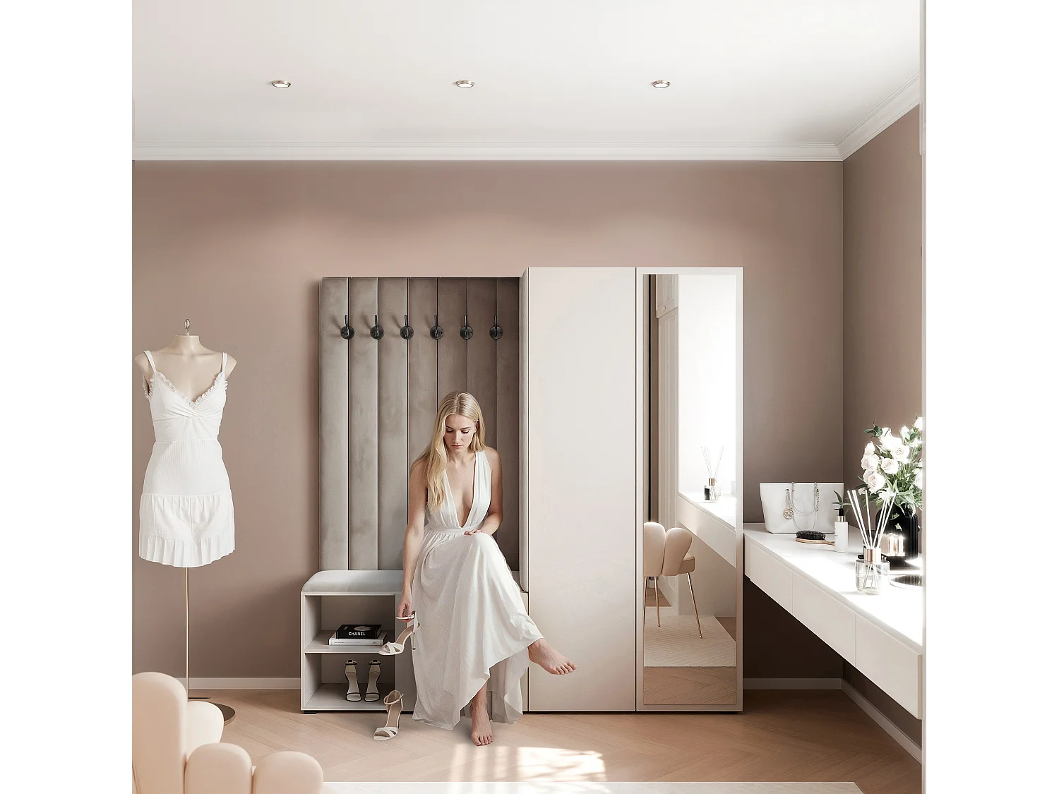 Garderobe Aria 190 cm Kaschmir Gepolstert Mausgrau Soft-Close Push-to-Open