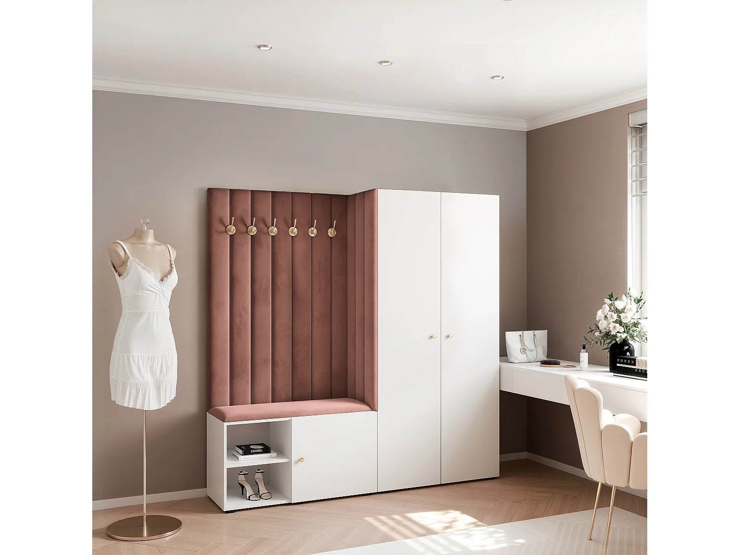 Garderobe Aria 190 cm Weiß Gepolstert Rost Soft-Close Griffe Gold