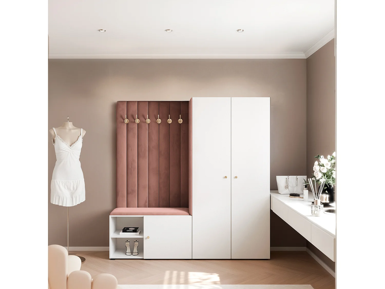 Garderobe Aria 190 cm Weiß Gepolstert Rost Soft-Close Griffe Gold