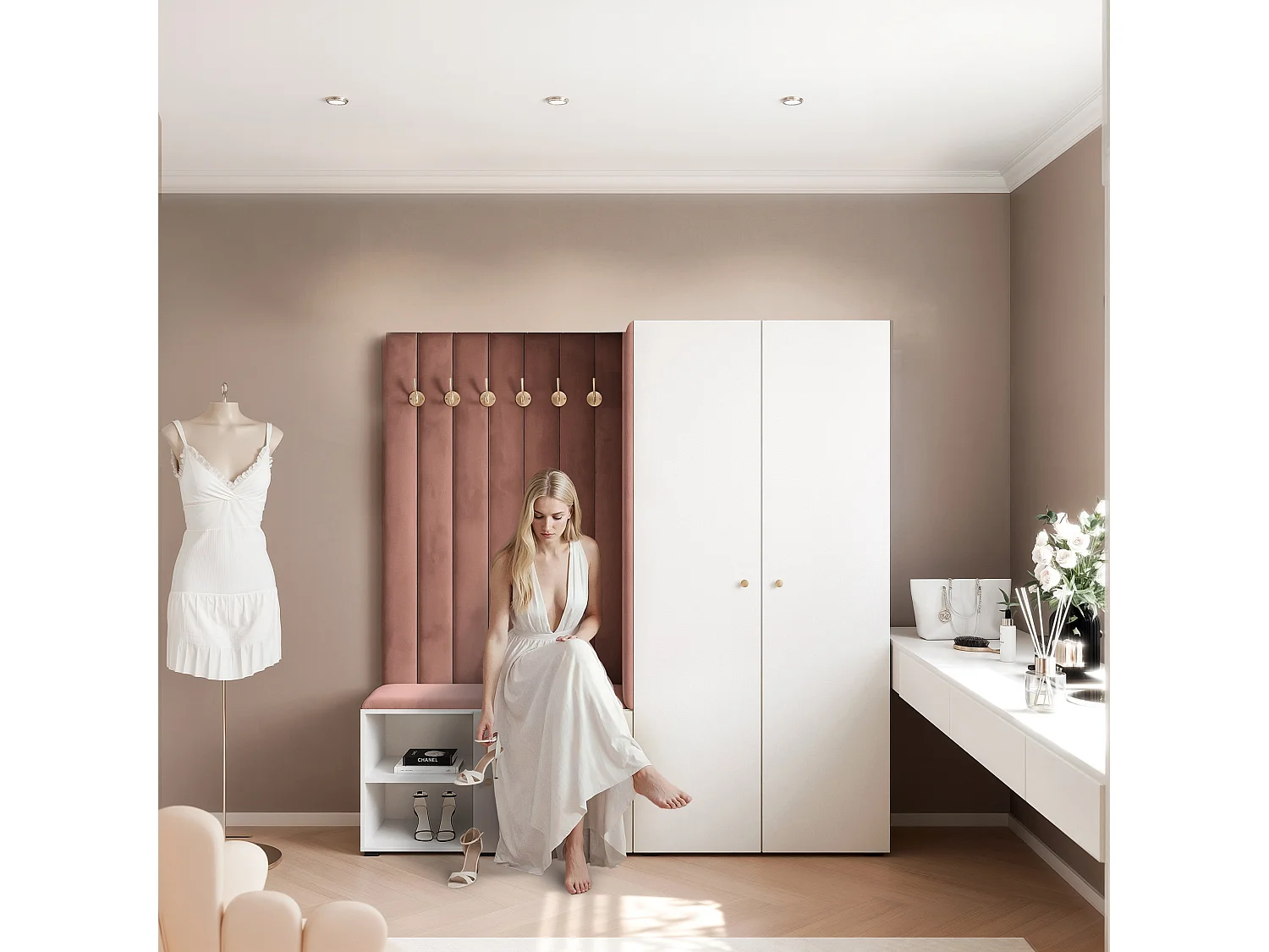 Garderobe Aria 190 cm Weiß Gepolstert Rost Soft-Close Griffe Gold