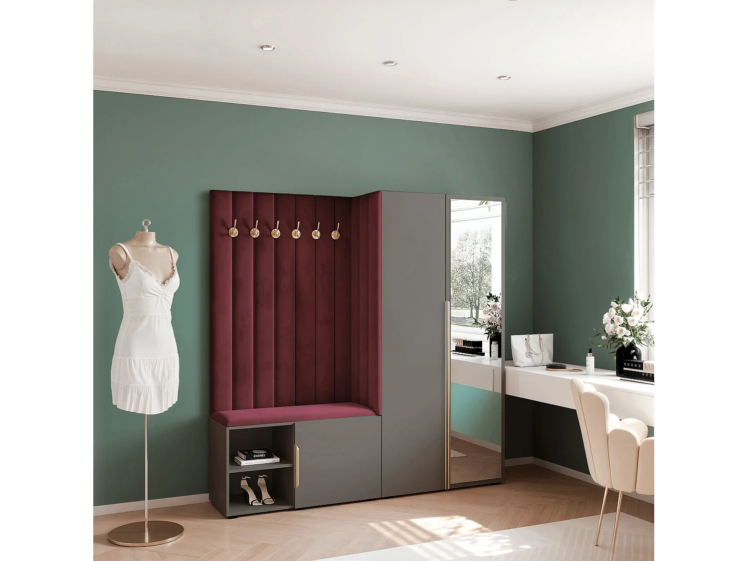 Garderobe Aria 190 cm Grau Gepolstert Bordeaux Soft-Close Griffe Gold