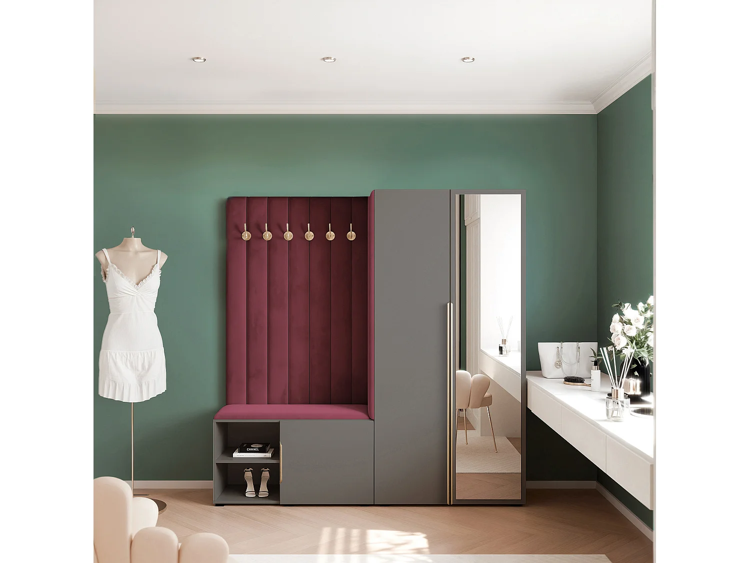 Garderobe Aria 190 cm Grau Gepolstert Bordeaux Soft-Close Griffe Gold