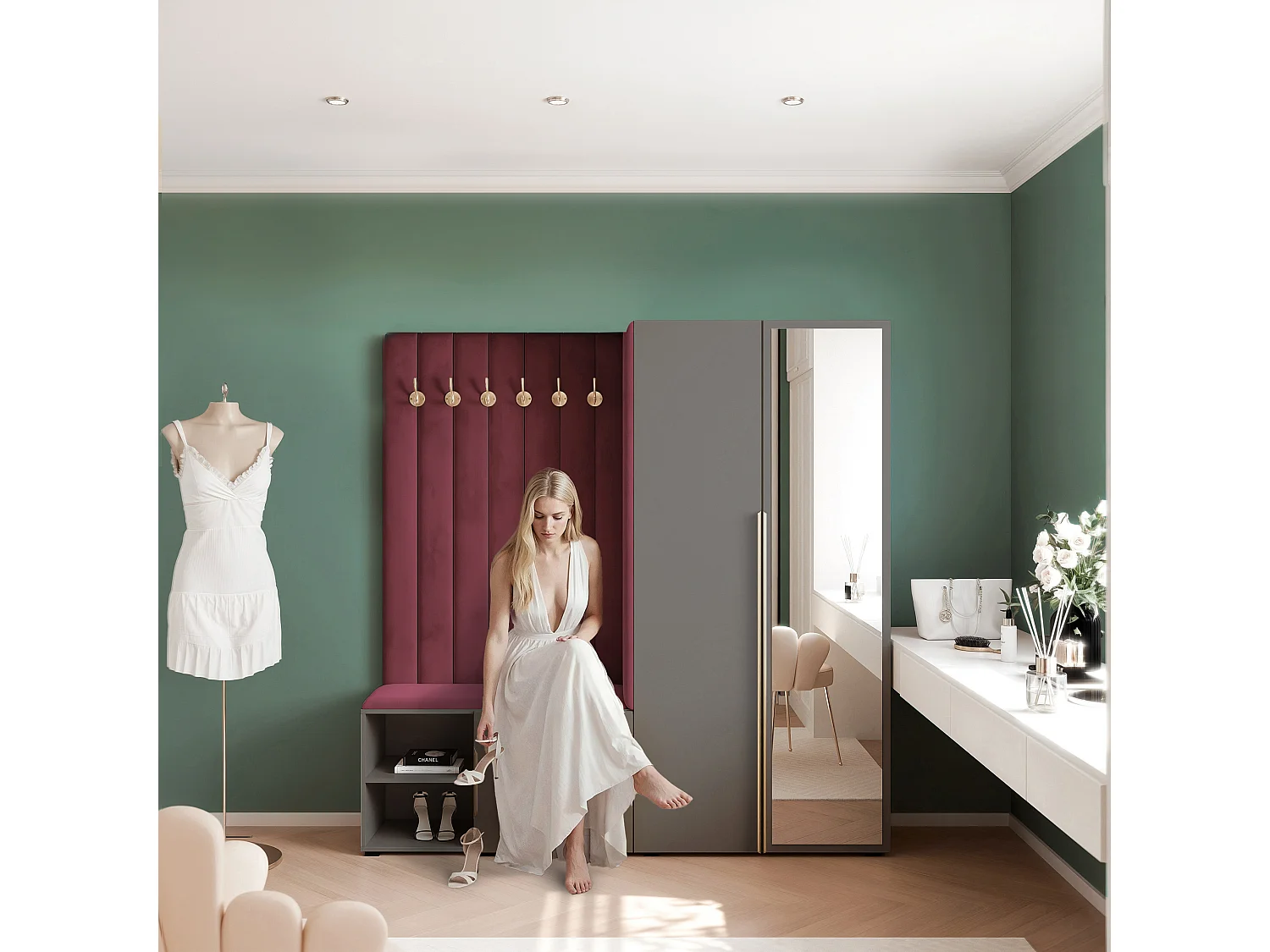 Garderobe Aria 190 cm Grau Gepolstert Bordeaux Soft-Close Griffe Gold