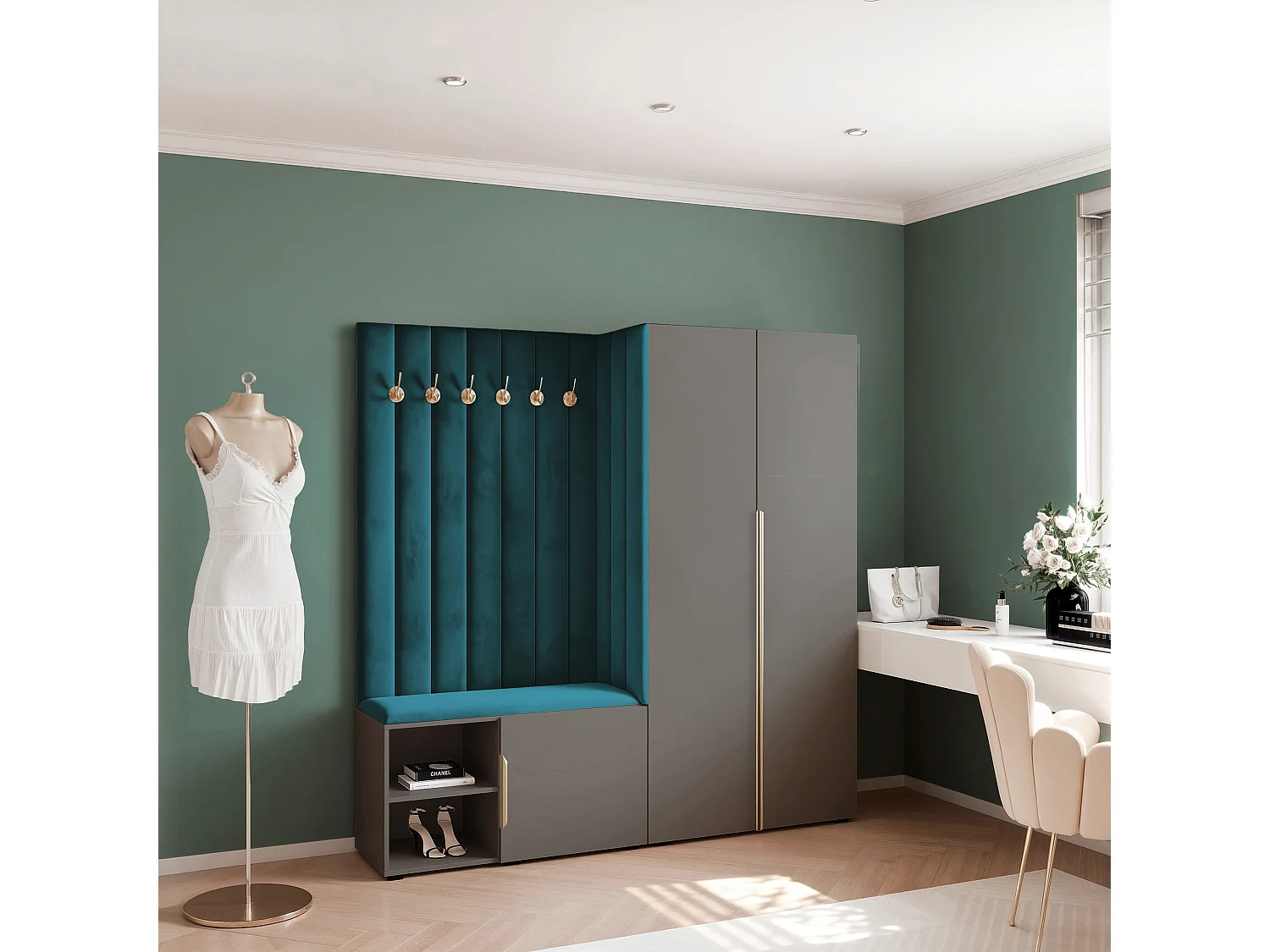 Garderobe Aria 190 cm Grau Gepolstert Marineblau Soft-Close Griffe Gold