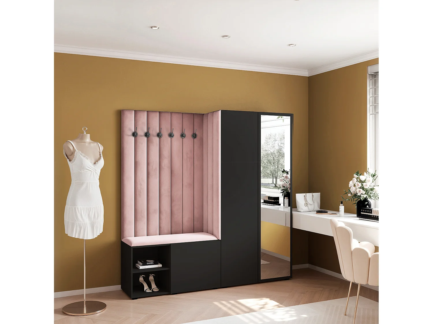 Garderobe Aria 190 cm Schwarz Gepolstert Rosa Soft-Close Push-to-Open