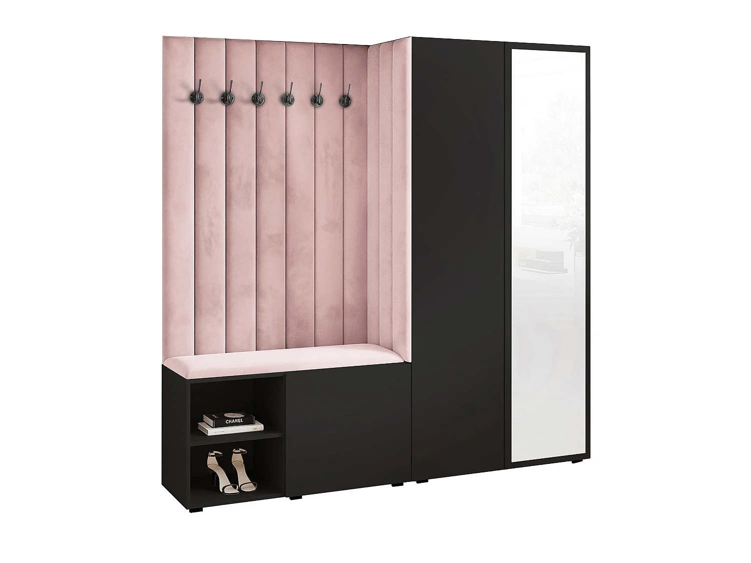 Garderobe Aria 190 cm Schwarz Gepolstert Rosa Soft-Close Push-to-Open