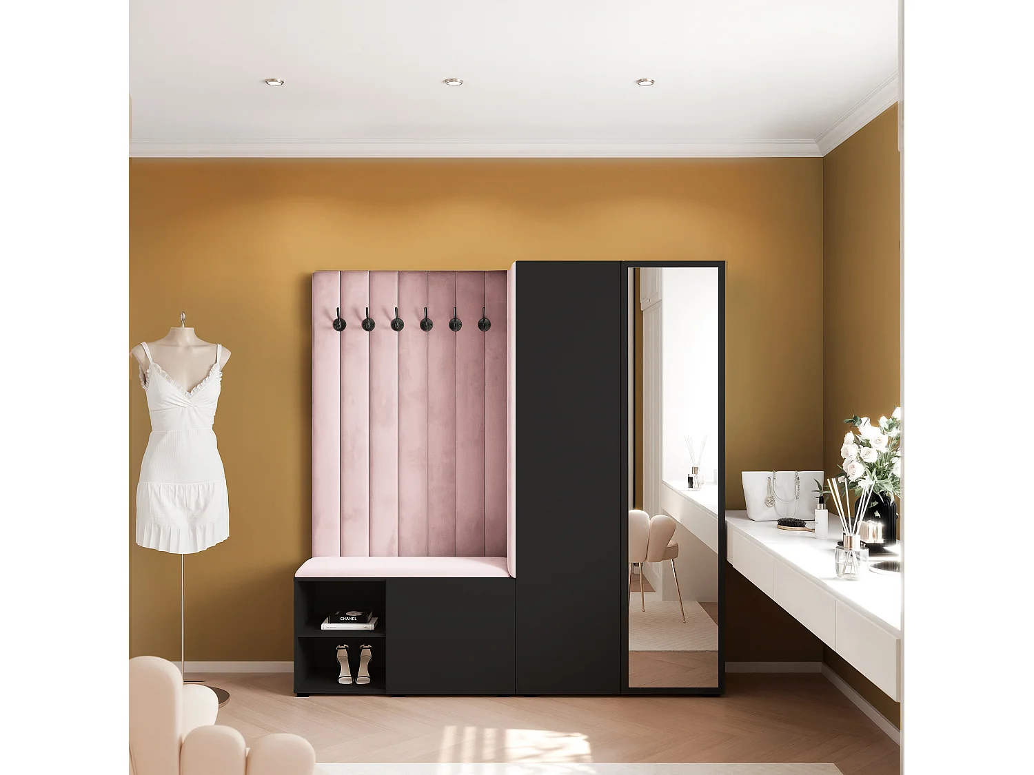 Garderobe Aria 190 cm Schwarz Gepolstert Rosa Soft-Close Push-to-Open