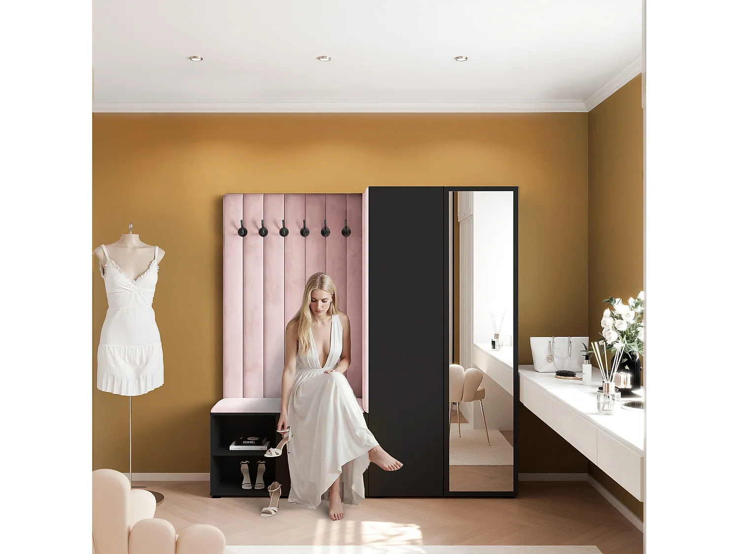 Garderobe Aria 190 cm Schwarz Gepolstert Rosa Soft-Close Push-to-Open