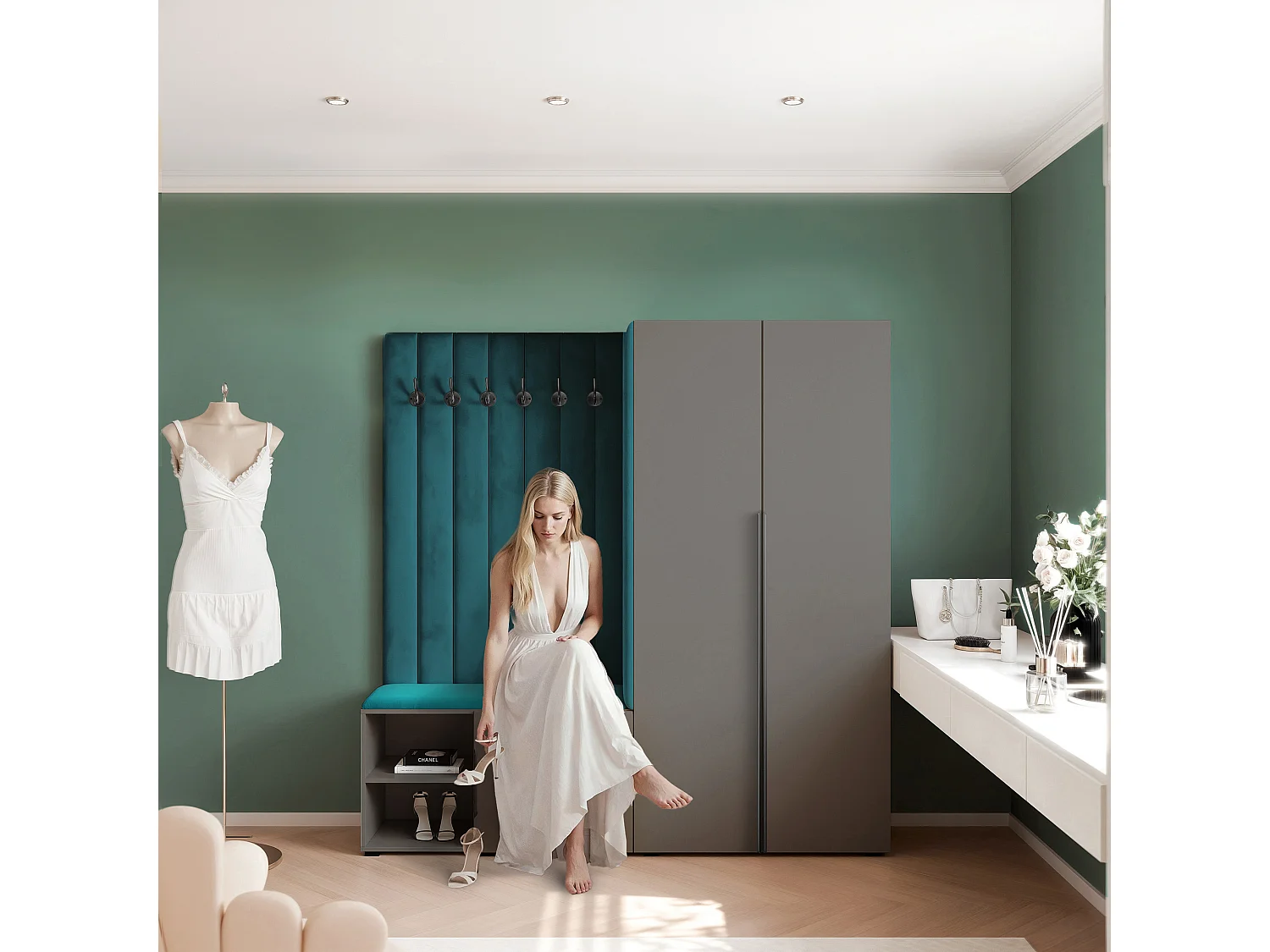 Garderobe Aria 190 cm Grau Gepolstert Marineblau Soft-Close Griffe Schwarz